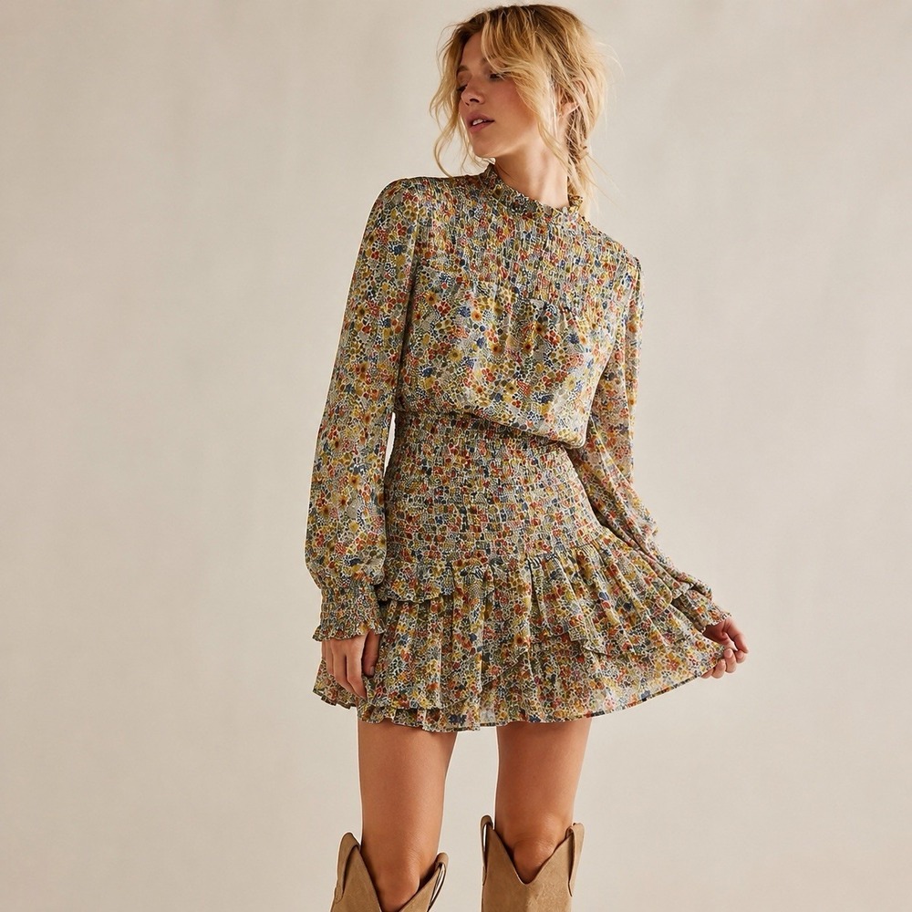 AQUA Ditsy Floral Smocked Waist Ruffle Mini Dress XS Boho Cottagecore Prairie